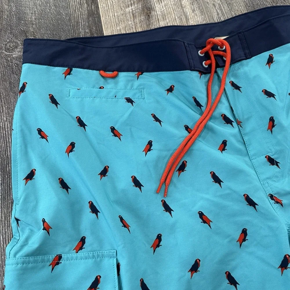 NWT‎ Duluth Trading Company Mens Board Shorts Sz 48 Blue Drawstring Parrot Print